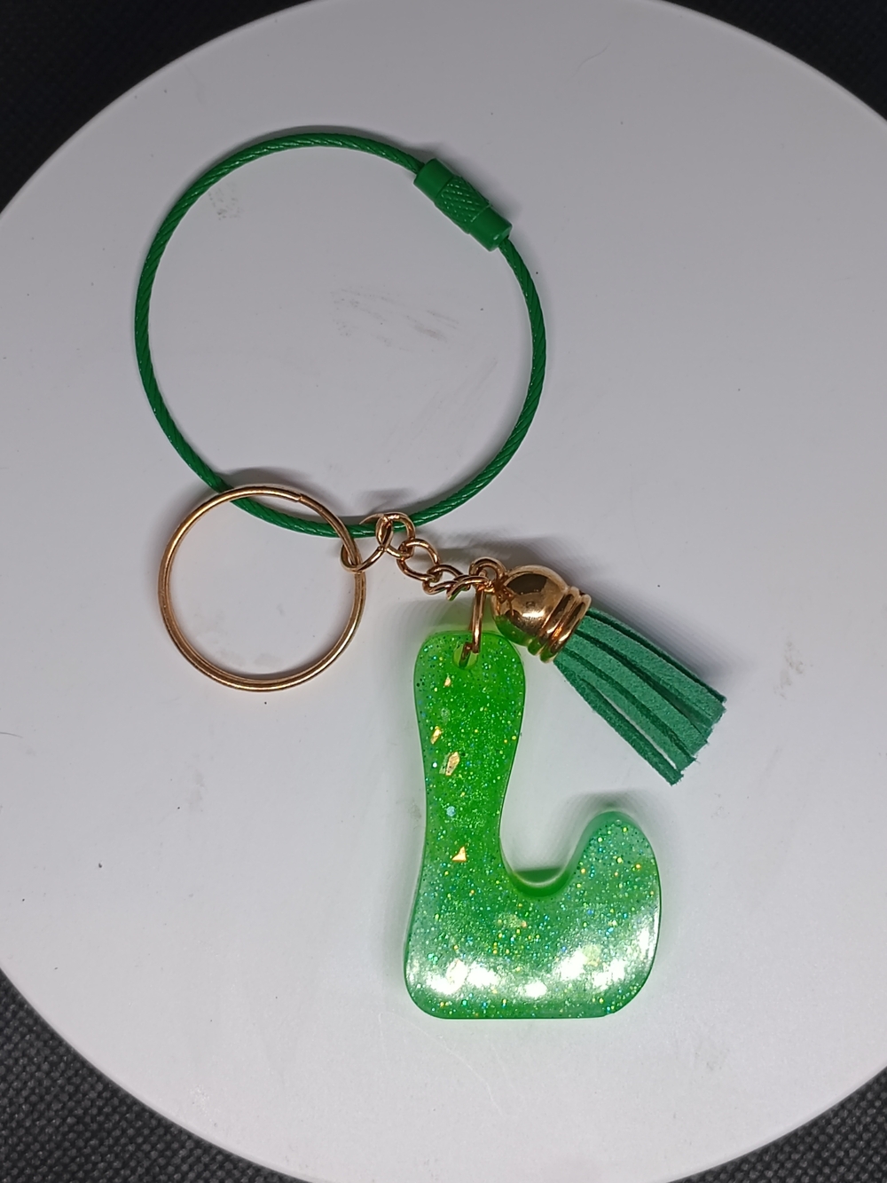 Green Initial 'L' Resin Keyring with Tassel